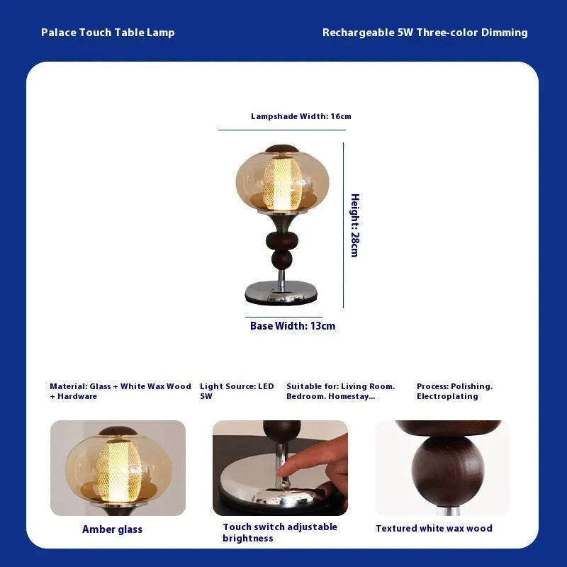 Solid wood palace-style table lamp with touch control and three colour lighting
