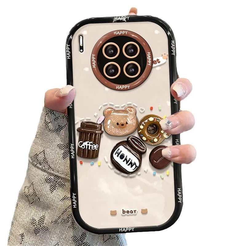 Coffee bear three-dimensional doll pendant drop-resistant silicone phone case for iPhone, cream black colour