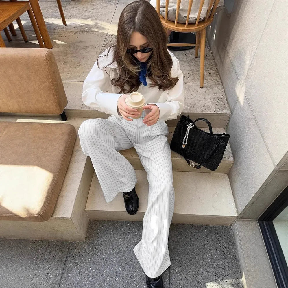 White striped loose casual wide-leg trousers with zipper detail for commuting