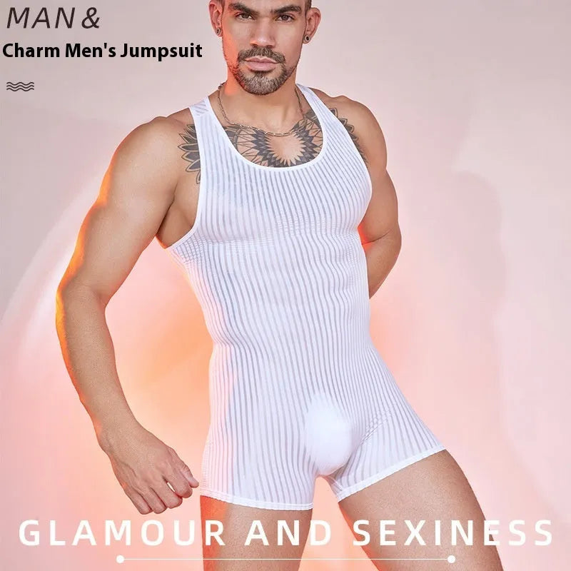 Men's striped nylon jumpsuit in black, dark grey or white colour with free size fit
