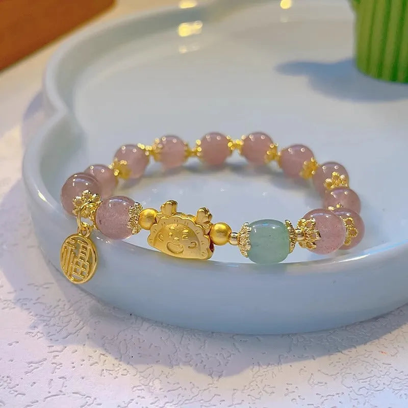 Floral glazed bracelet with zodiac animal charm and electroplated glass beads in multiple colour options