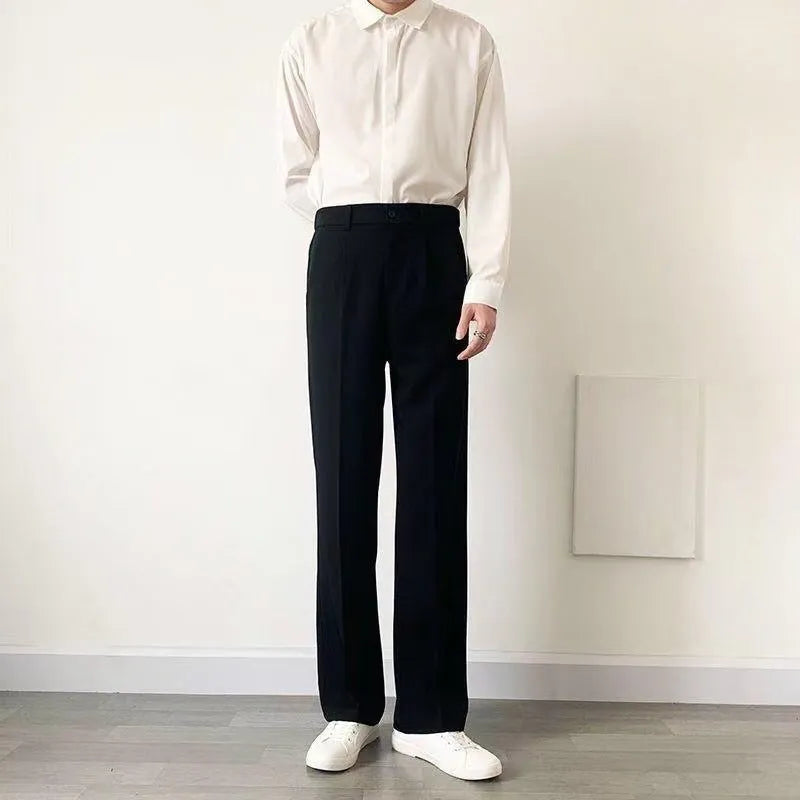 Loose wide-leg draping trousers in polyester, straight-leg cut, black grey khaki, sizes S to 3XL