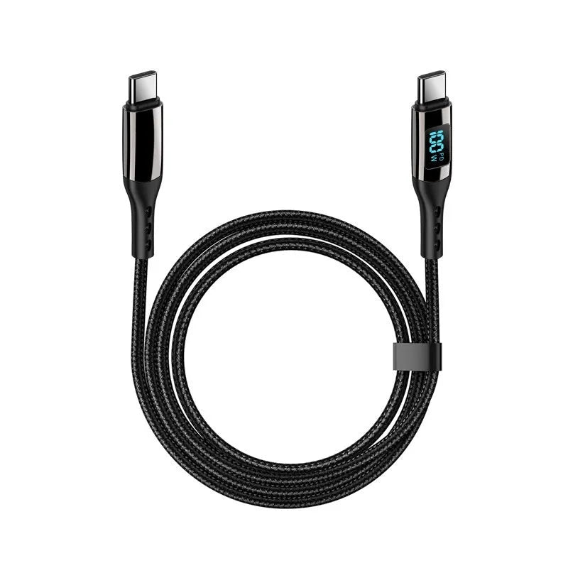Double-headed TYPE-C PD 100W woven data cable with digital display in black on a plain background