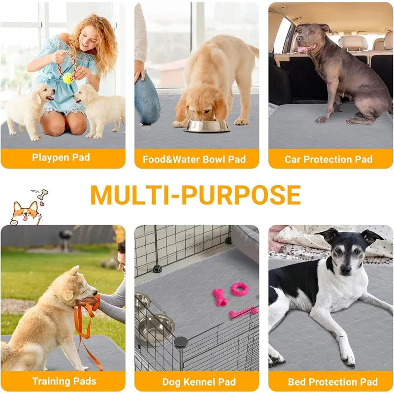 Washable dog pee pads in grey and tan colours showing waterproof backing and triple-stitch edges