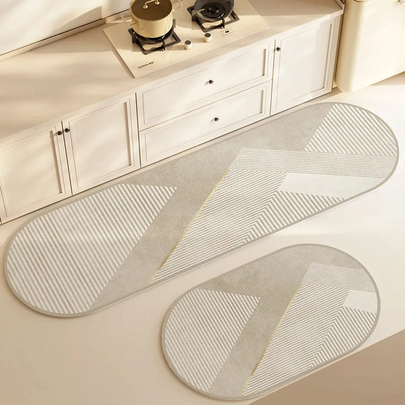 Household oval diatom ooze kitchen floor mat with stripe geometric pattern in Gu Chuan colour on tiled kitchen floor