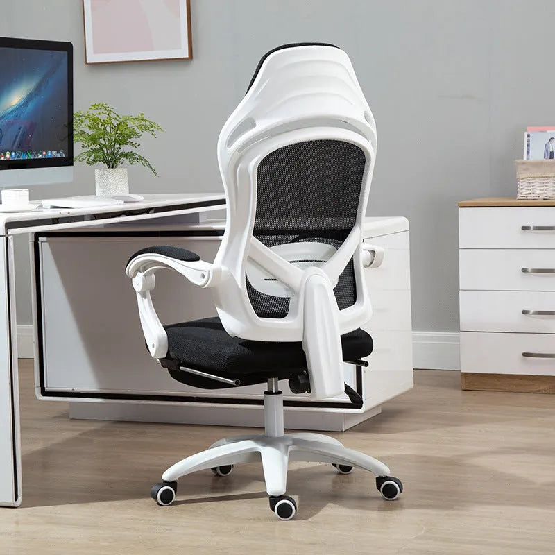 Black ergonomic computer gaming chair with linkage armrests and nylon wheels