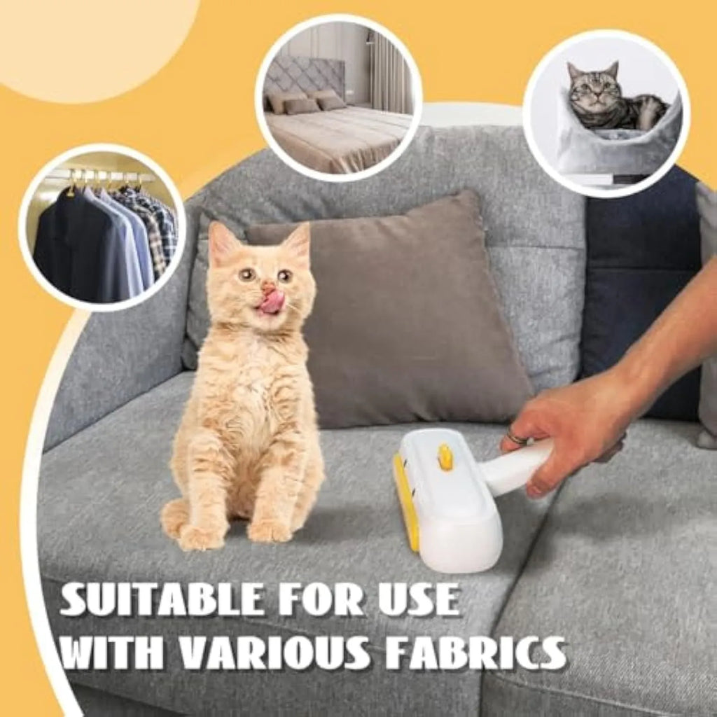 Portable pet hair remover with yellow duck design and removable lid on a fabric sofa.