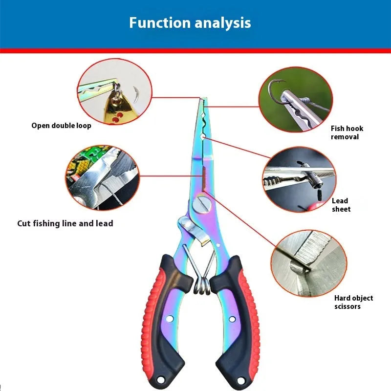 Medium-sized steel fishing pliers with coloured plastic handles and a nylon storage bag with strap.