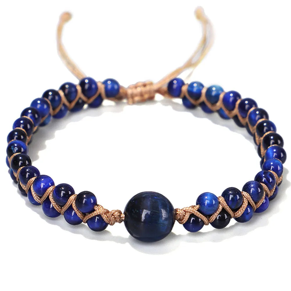 Handmade woven pull bracelet with geometric pattern in Tigereye or Amethyst stone beads