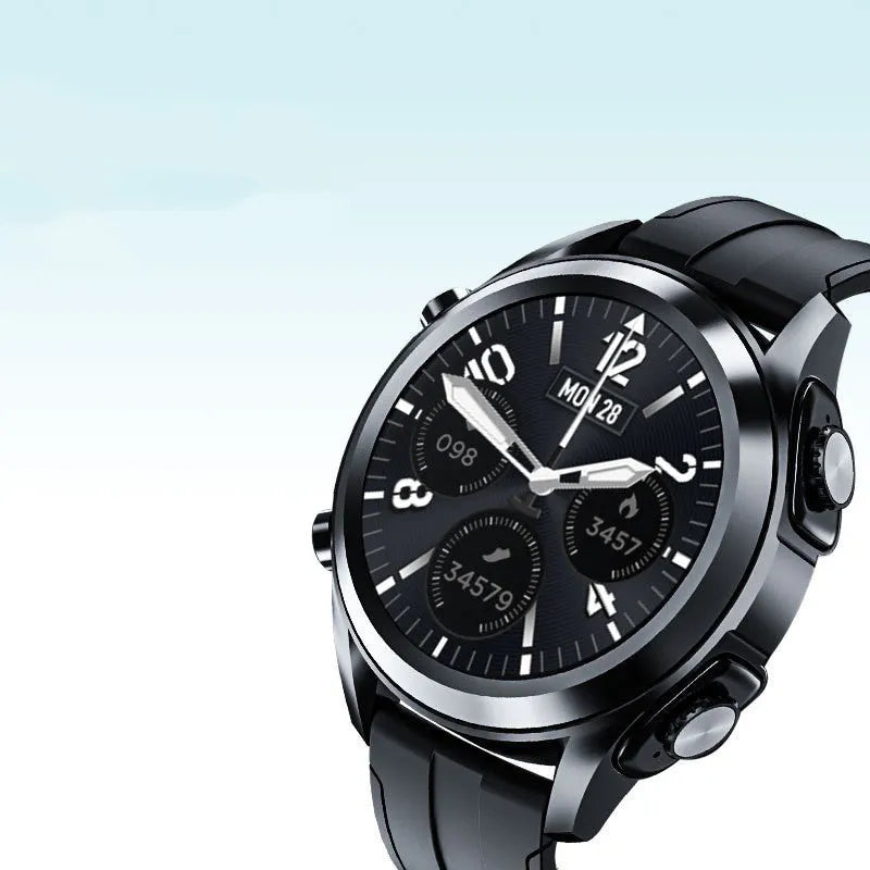 Men's black Bluetooth smart watch with silicone wristband showing heart rate monitor on screen
