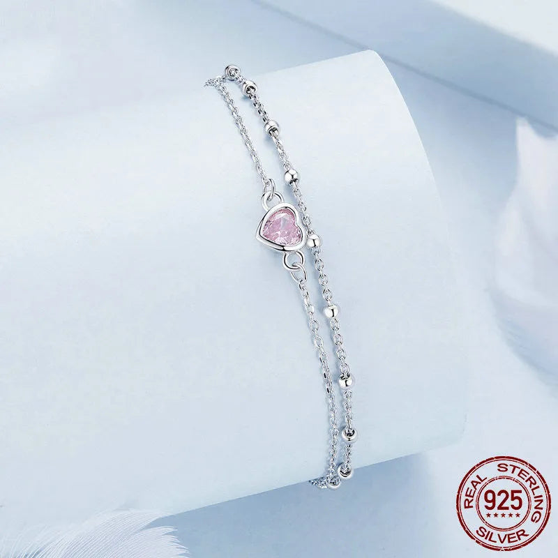 Sweet girlish 925 sterling silver bracelet with heart pendant and adjustable chain