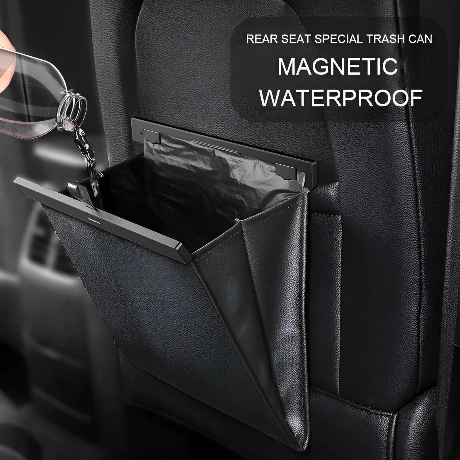 Black PVC car trash bag handbag shape with magnetic attachment, size 360x290x45mm, lock smell and leak-proof