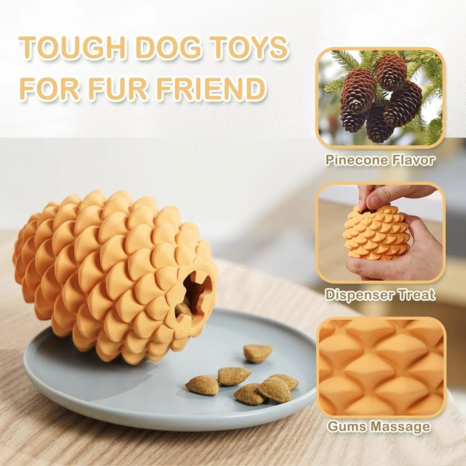 Yellow pine cone-shaped natural rubber dog chew toy with treat dispenser on a white background.