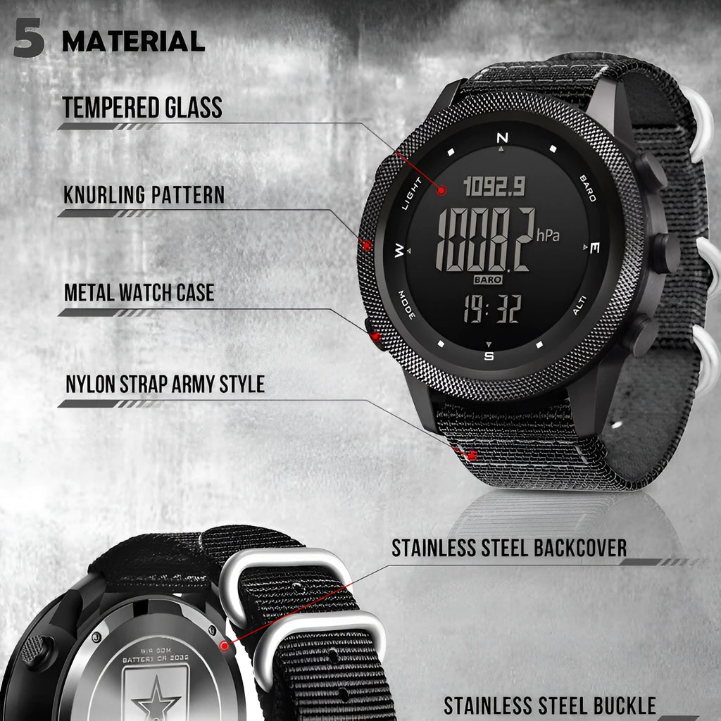 Black nylon digital sports watch with waterproof altimeter barometer compass pedometer, 46mm case, hardened mineral glass screen