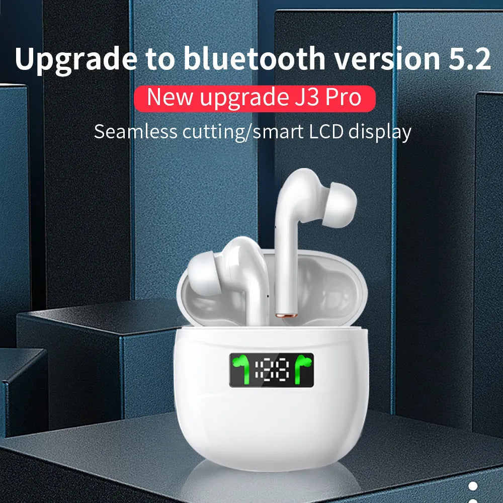 Black Bluetooth headset sports earbuds with earplug style and power display on charging case