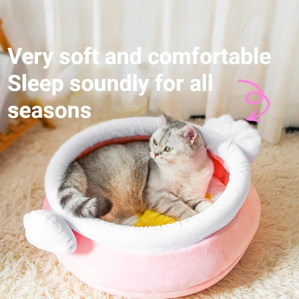 Pink honey pot shaped cat sofa bed with soft fleece and a removable cushion for small pets.