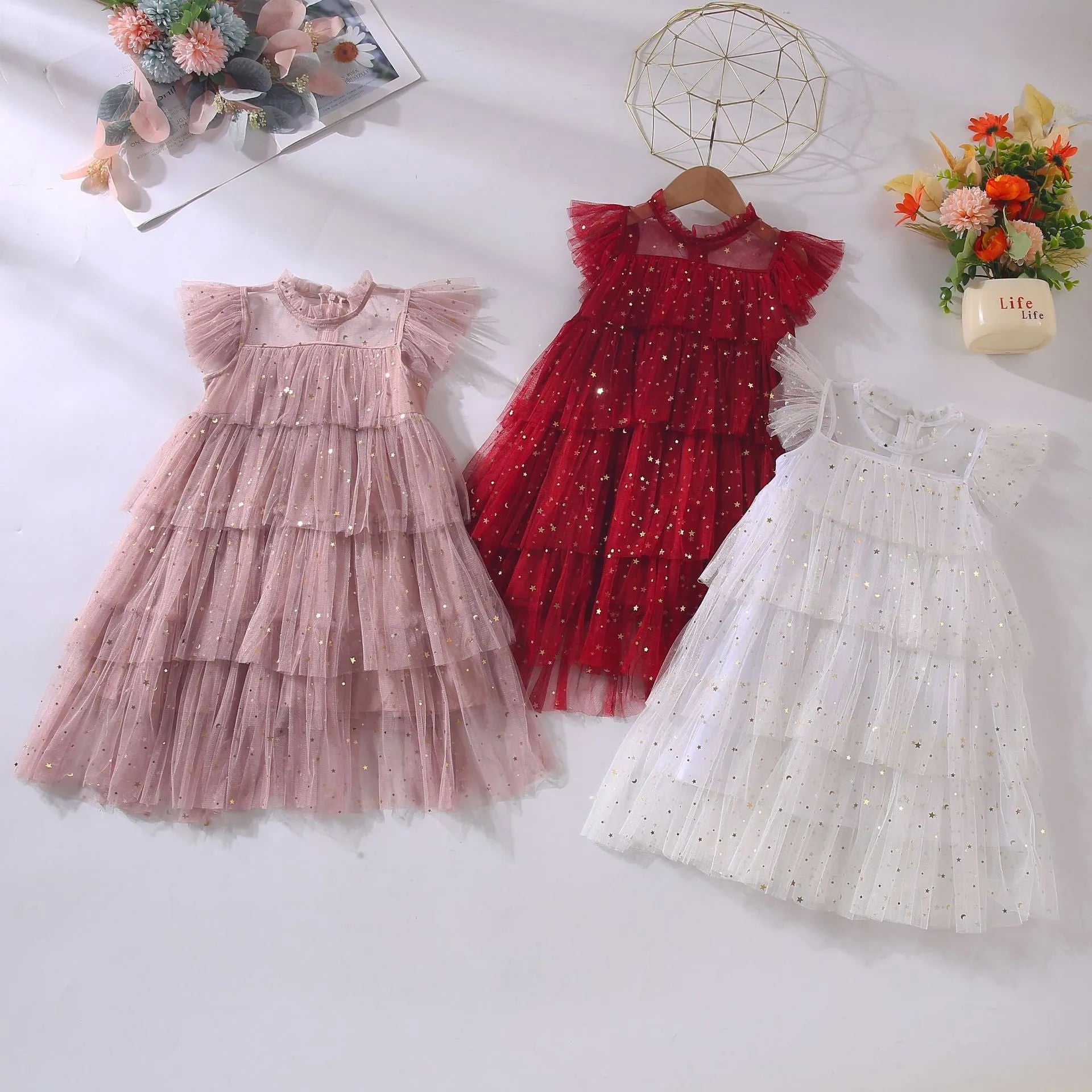Girls' star sequin sleeveless party dress with cotton lining, available in multiple colours for heights 80-160cm