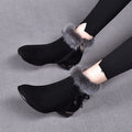 Women's fleece lined round toe short boots in black, side zipper, low heel, solid colour