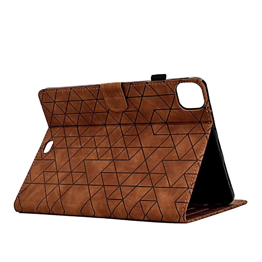 iPad Pro 11 leather case in Diamond Black showing integrated card holder and folded-out viewing bracket.