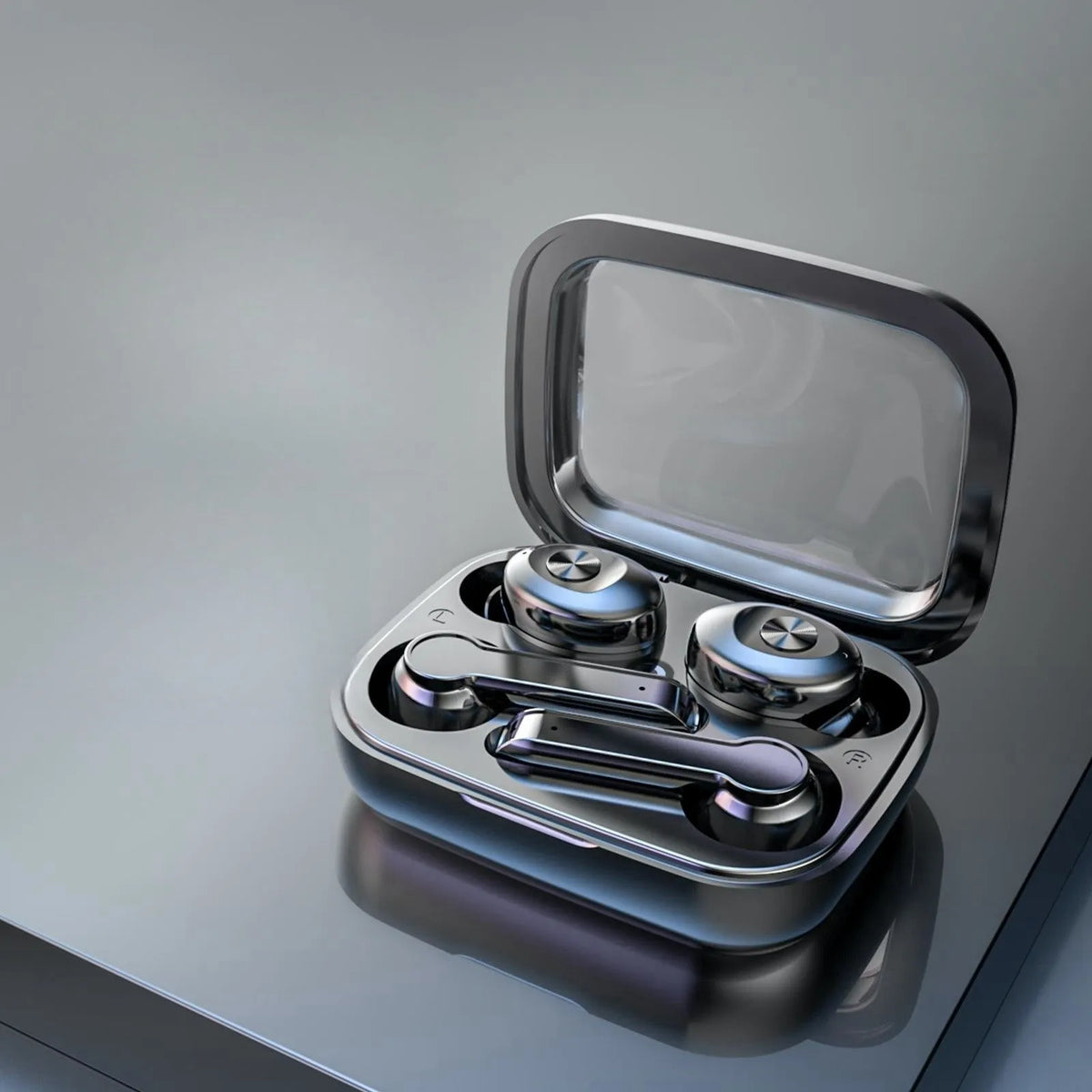 XG15 Bluetooth wireless dual headset in black with charging case and three ear cap sizes