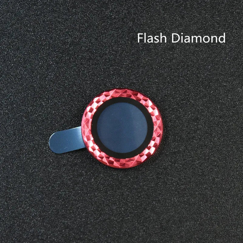 Close-up of a diamond lens protective film with aluminium ring for iPhone 12 Pro Max in silver.