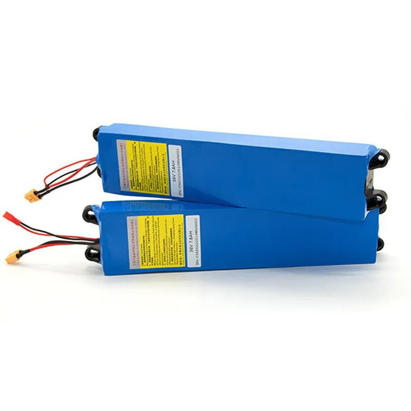 A 36V lithium battery pack for electric scooters, showing three capacity options: 6.6A, 7.8A, and 10.4A.