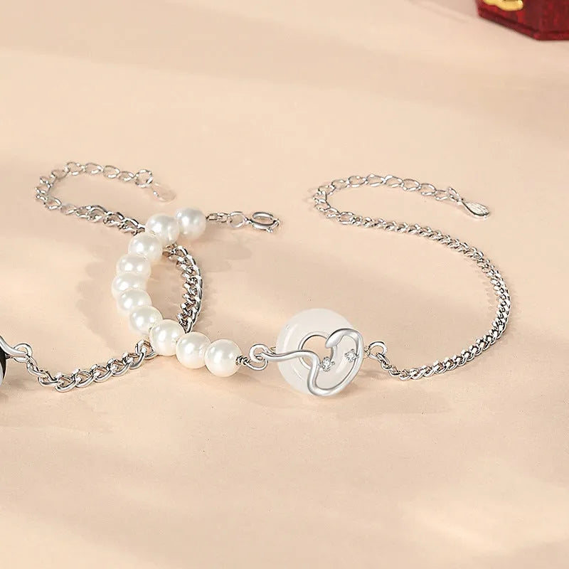 925 sterling silver snake zodiac bracelet with obsidian pearl and safe buckle in new Chinese style