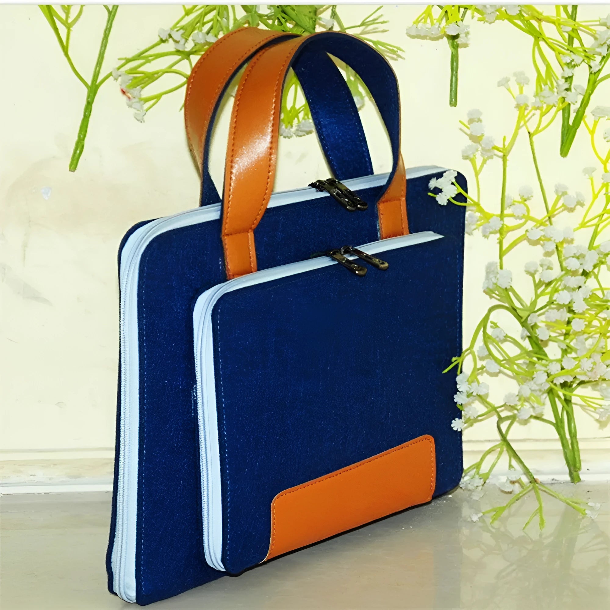 Fashion felt laptop bag multicolor handheld for 14-inch laptops, dark blue with pink zipper