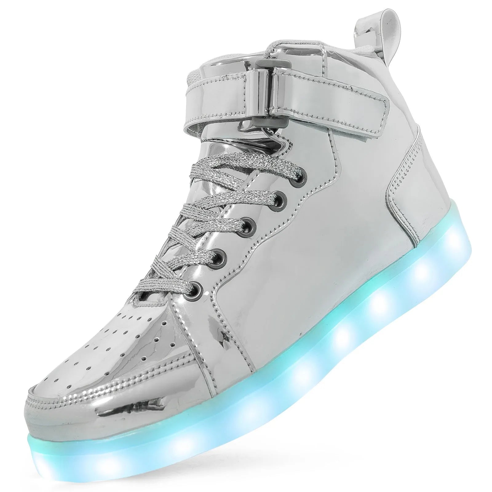 A pair of black high-top LED dancing shoes with Velcro fastening and a lit-up sole.