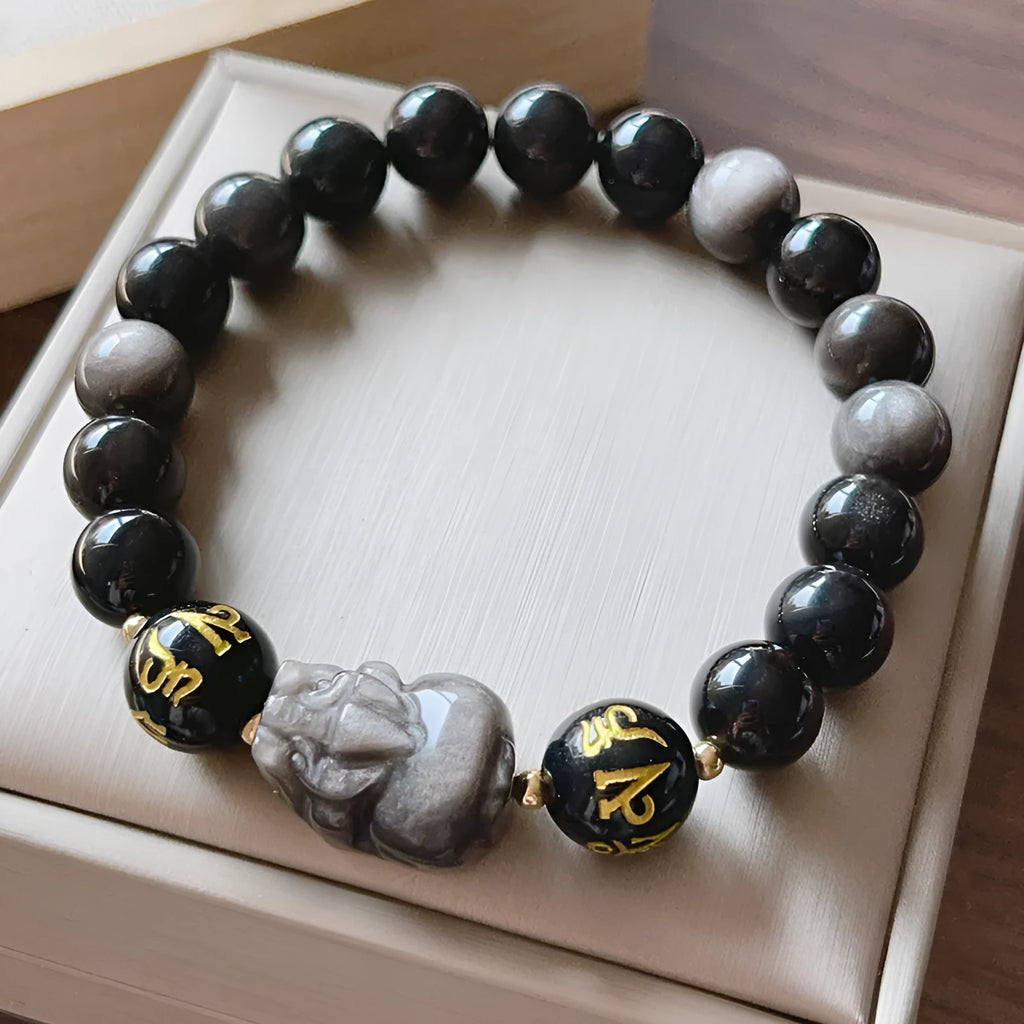 Men's natural silverstone bracelet with Chinese zodiac design and manual bead stringing