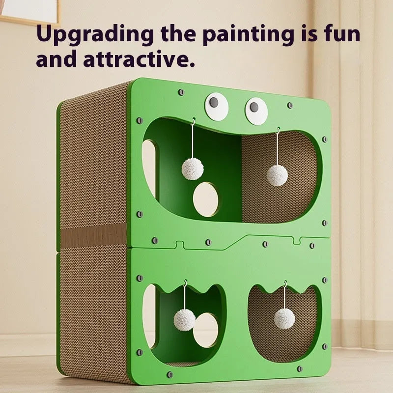 Wear-resistant cat scratching board attached to a double-layer enclosed cat nest in a cute owl design style.