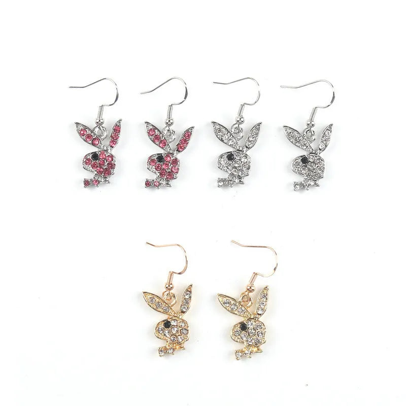 Small silver rabbit stud earrings with sparkling cubic zirconia stones and butterfly back on a white background.