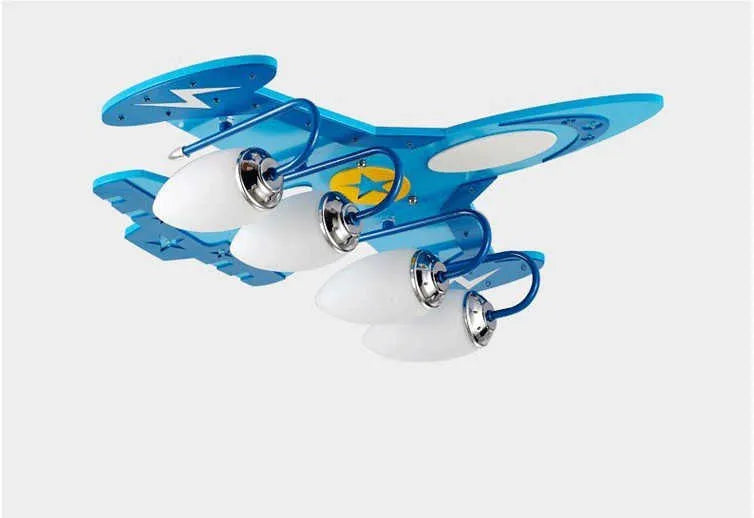 Cartoon aeroplane design remote-control LED ceiling light with rectangular glass shade for a child's room.
