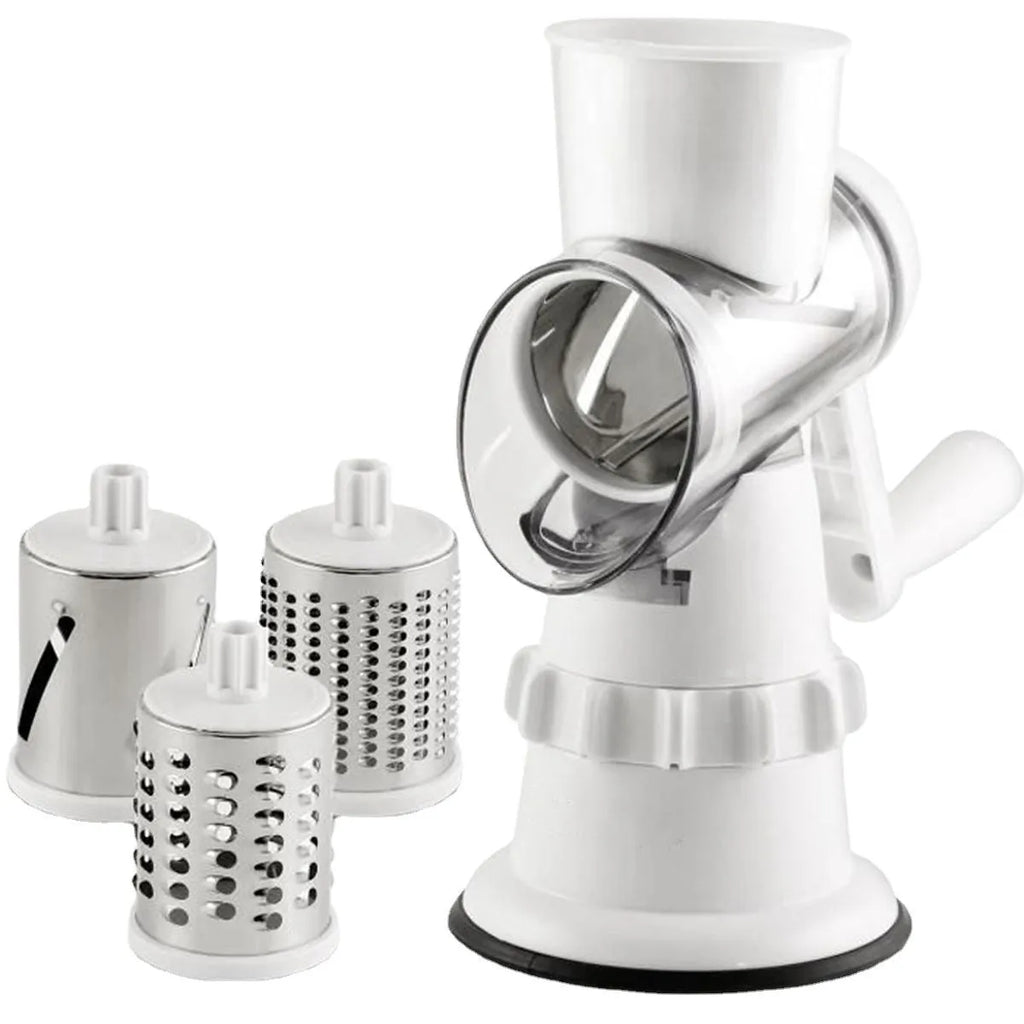 White plastic 3-in-1 manual vegetable slicer with suction feet and stainless steel blades
