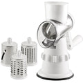 White plastic 3-in-1 manual vegetable slicer with suction feet and stainless steel blades