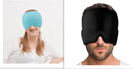 Black cooling gel eye mask for headache relief on a white background.