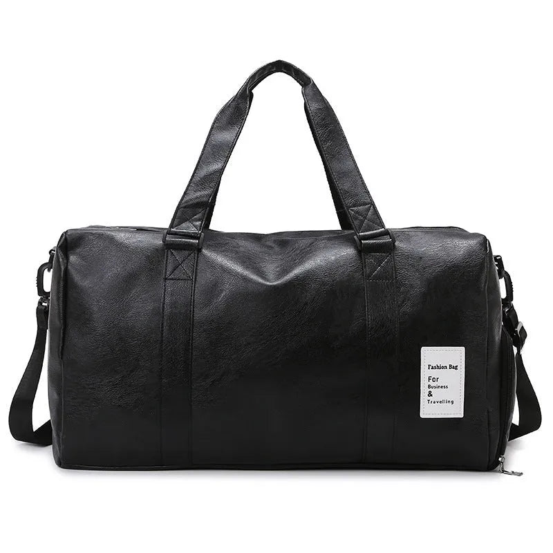 Black fitness shoulder messenger bag showing dry wet separation compartments, waterproof PU material, and adjustable shoulder strap