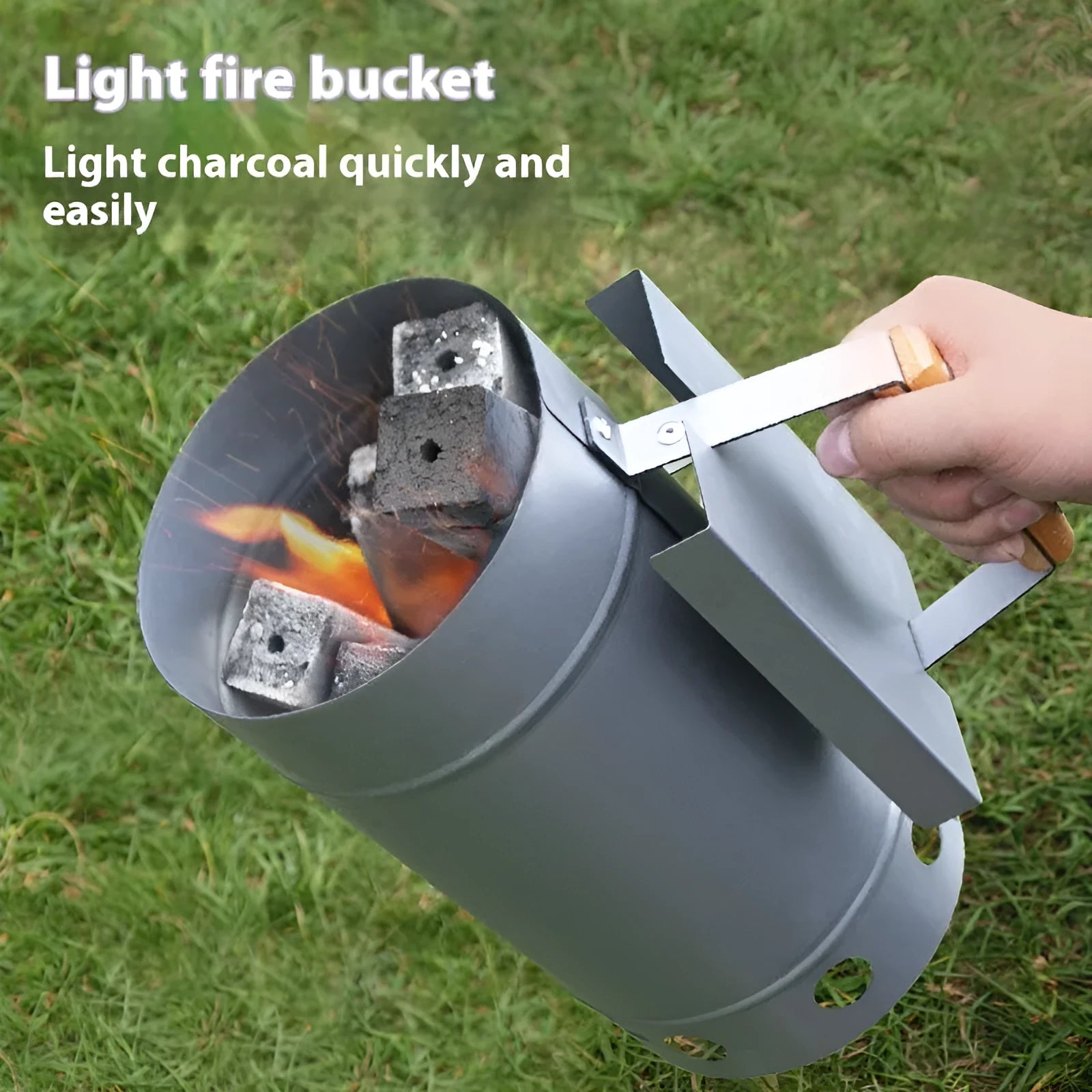 Zinc-iron alloy outdoor barbecue charcoal igniter tool with Point Carbon Barrel design on a grey background.