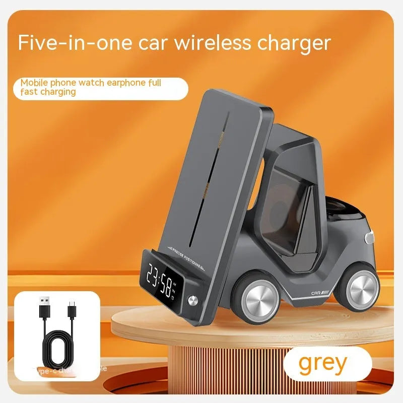 Grey wireless charging stand holding an iPhone at an angle, with space for AirPods.