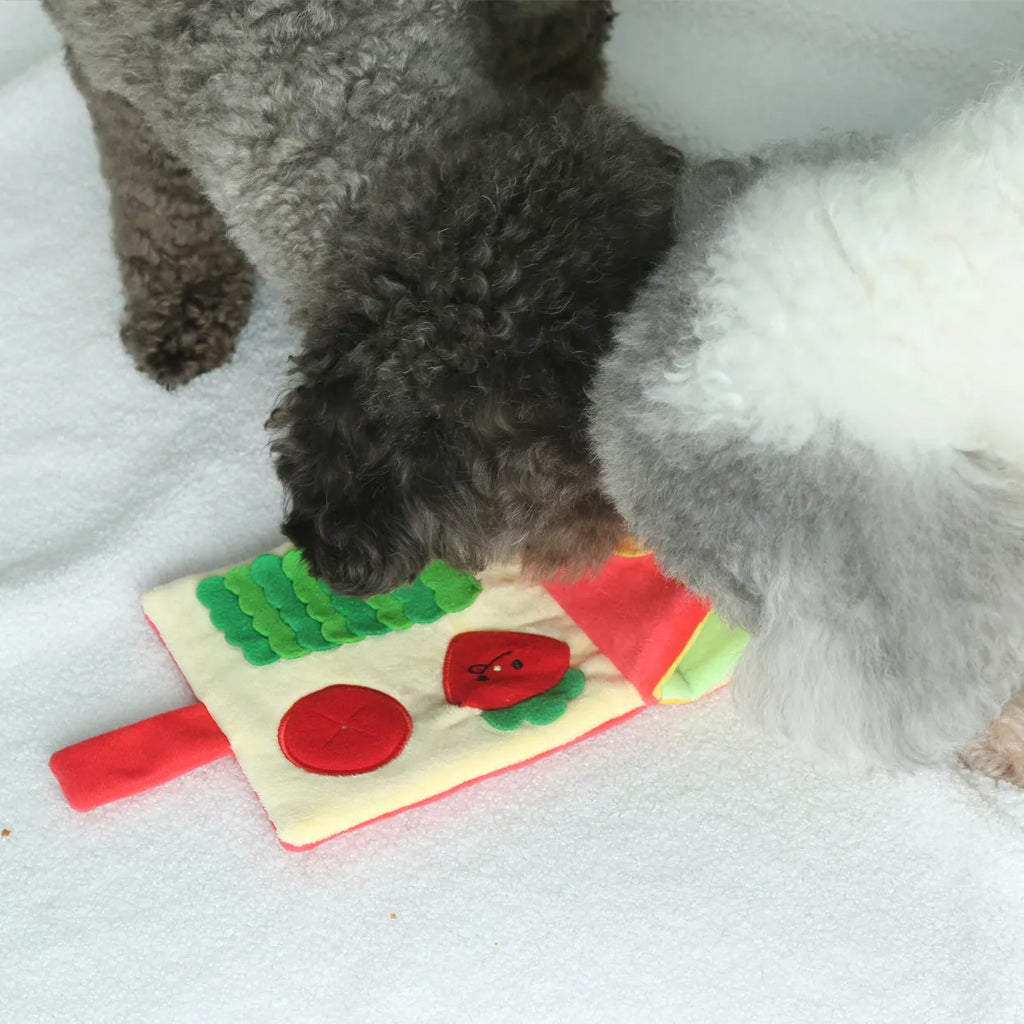 Red book plush pet toy for food searching and interactive enrichment featuring soft fabric