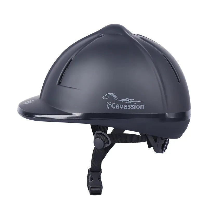 Black adjustable equestrian riding helmet for horse riding and cycling with S M L sizes