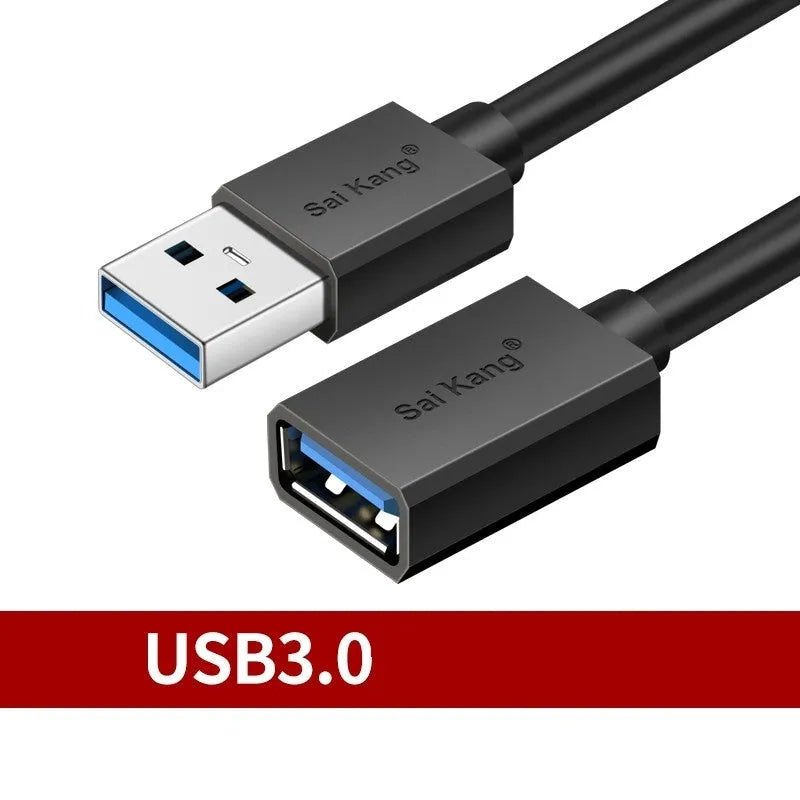 Black USB 3.0 and USB 2.0 male to female extension cable showing connector details.