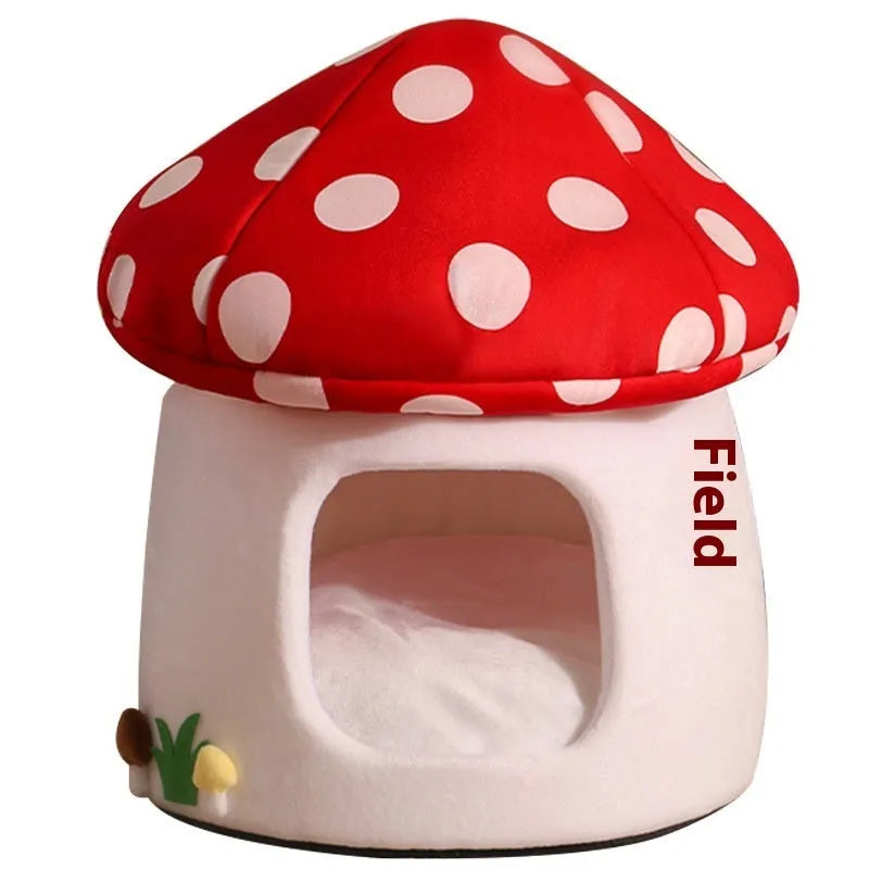 Red umbrella-shaped semi-enclosed cat bed made of soft cloth for indoor use