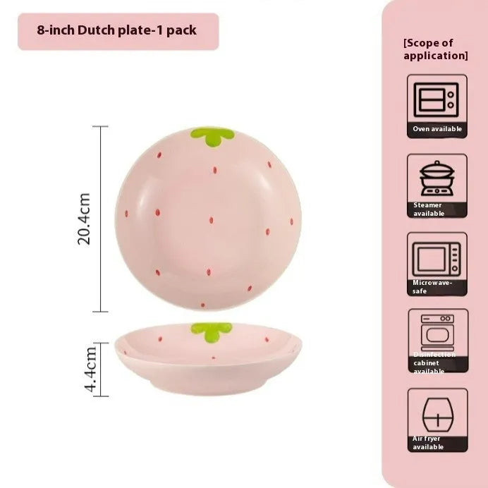 Creative strawberry-themed porcelain dinnerware set with fish plate, flower bowls, and straw hat plate.