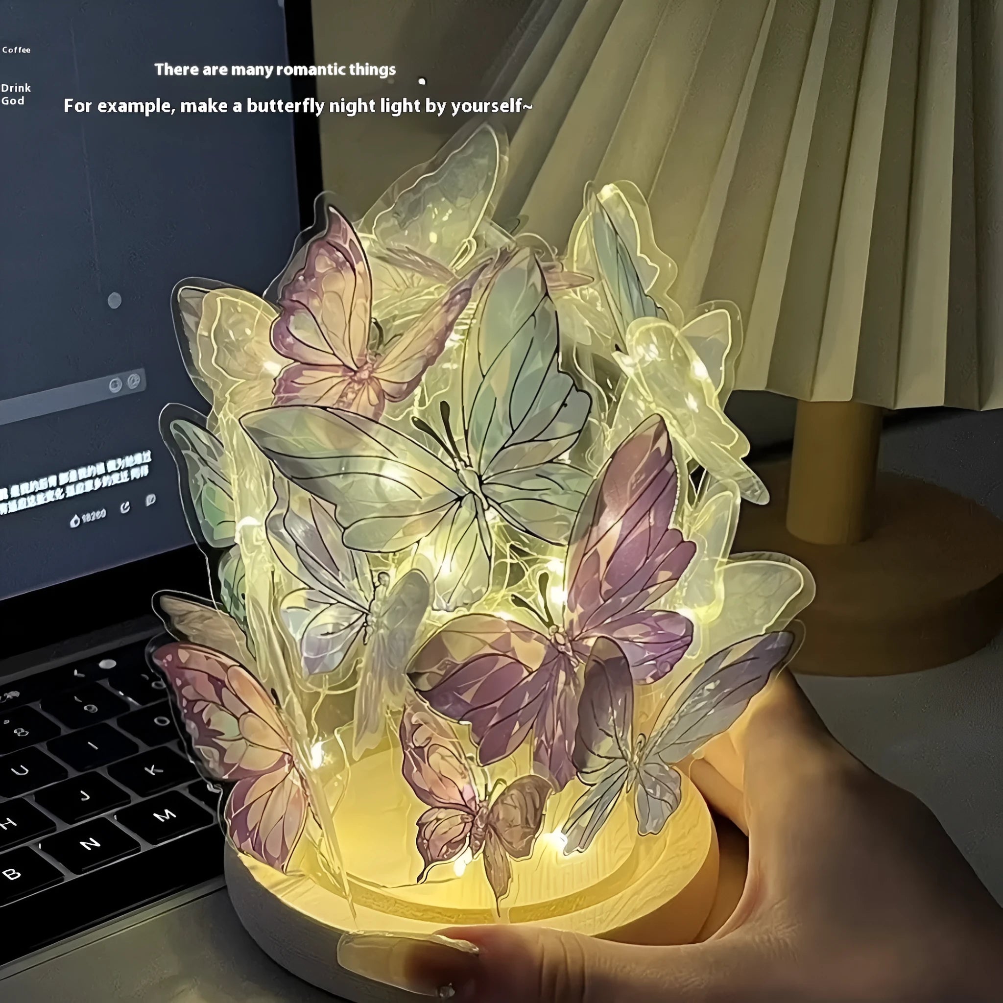 Butterfly night lamp DIY kit with glass lampshade and raw wood base, measuring 12cm by 15cm.
