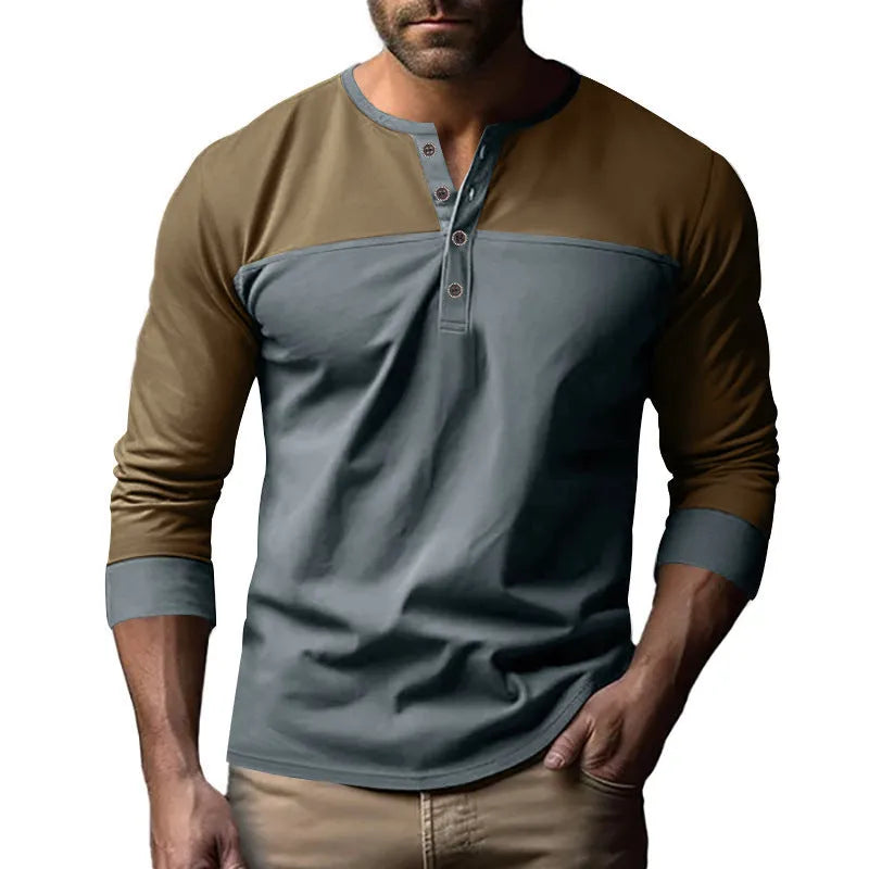 Men's retro colour block long sleeve polyester base shirt in black and brown, loose fit pullover