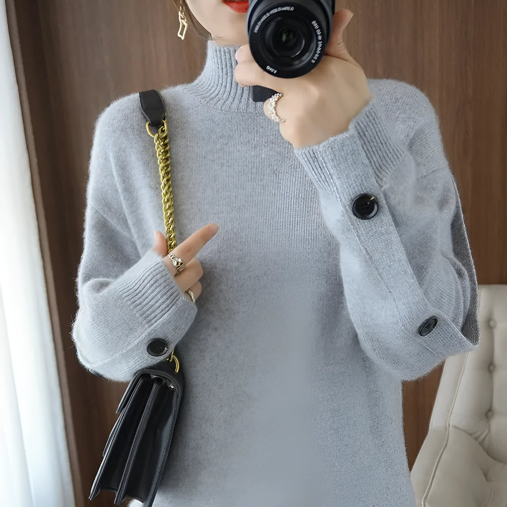 Women's solid colour acrylic knitted crew neck long sleeve top in gray, front view, casual urban style