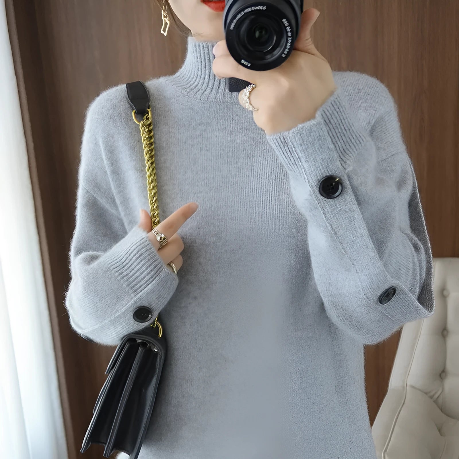 Women's solid colour acrylic knitted crew neck long sleeve top in gray, front view, casual urban style