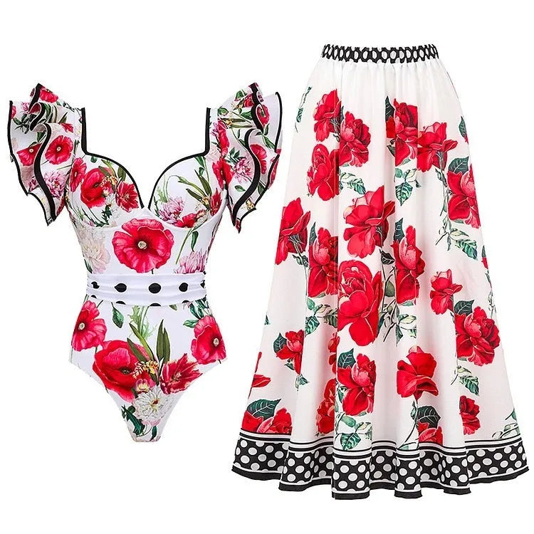 Women's printed one-piece swimsuit in blue, rose pink, white, or red colours.
