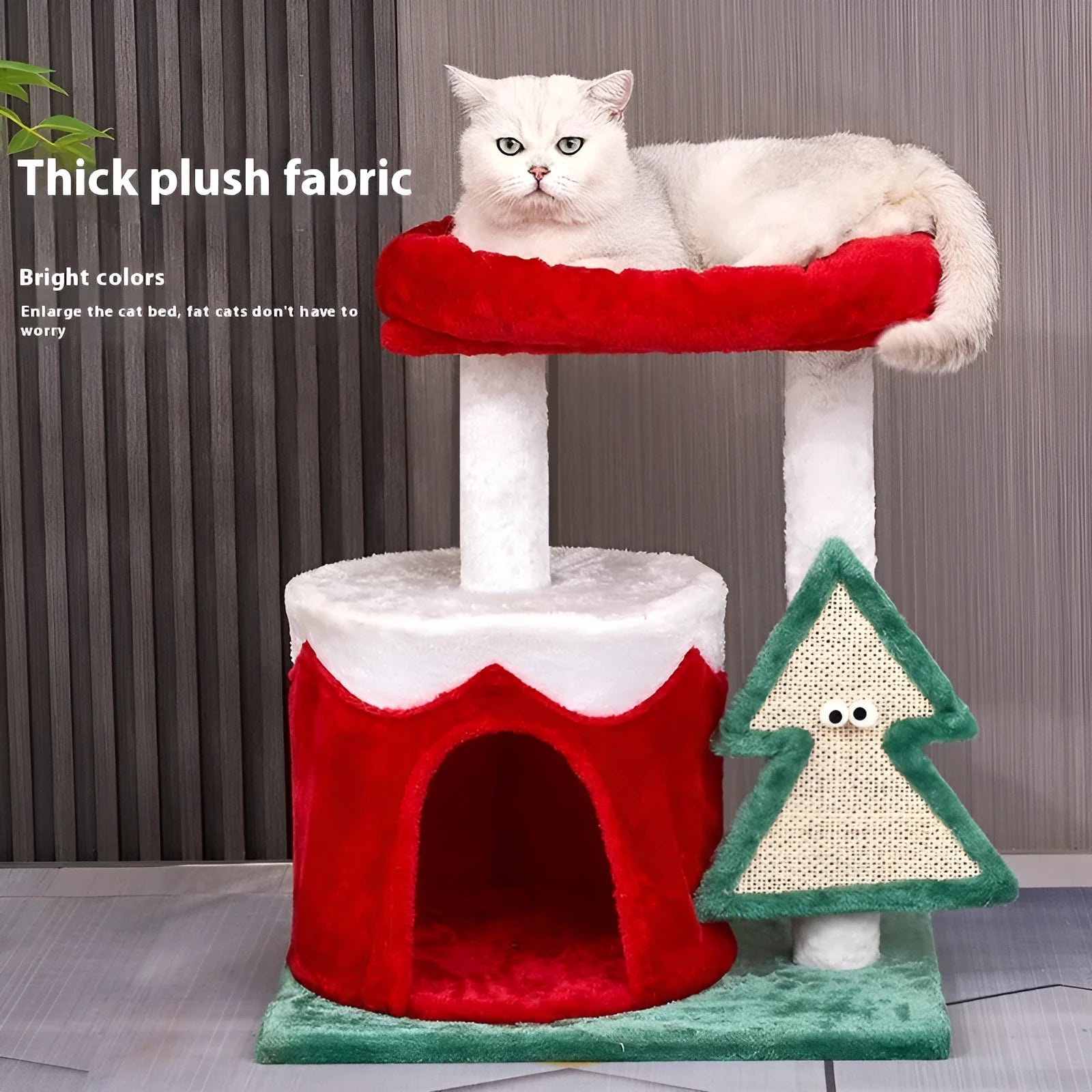 Christmas-themed cat scratching post toy with integrated play elements in density plate material